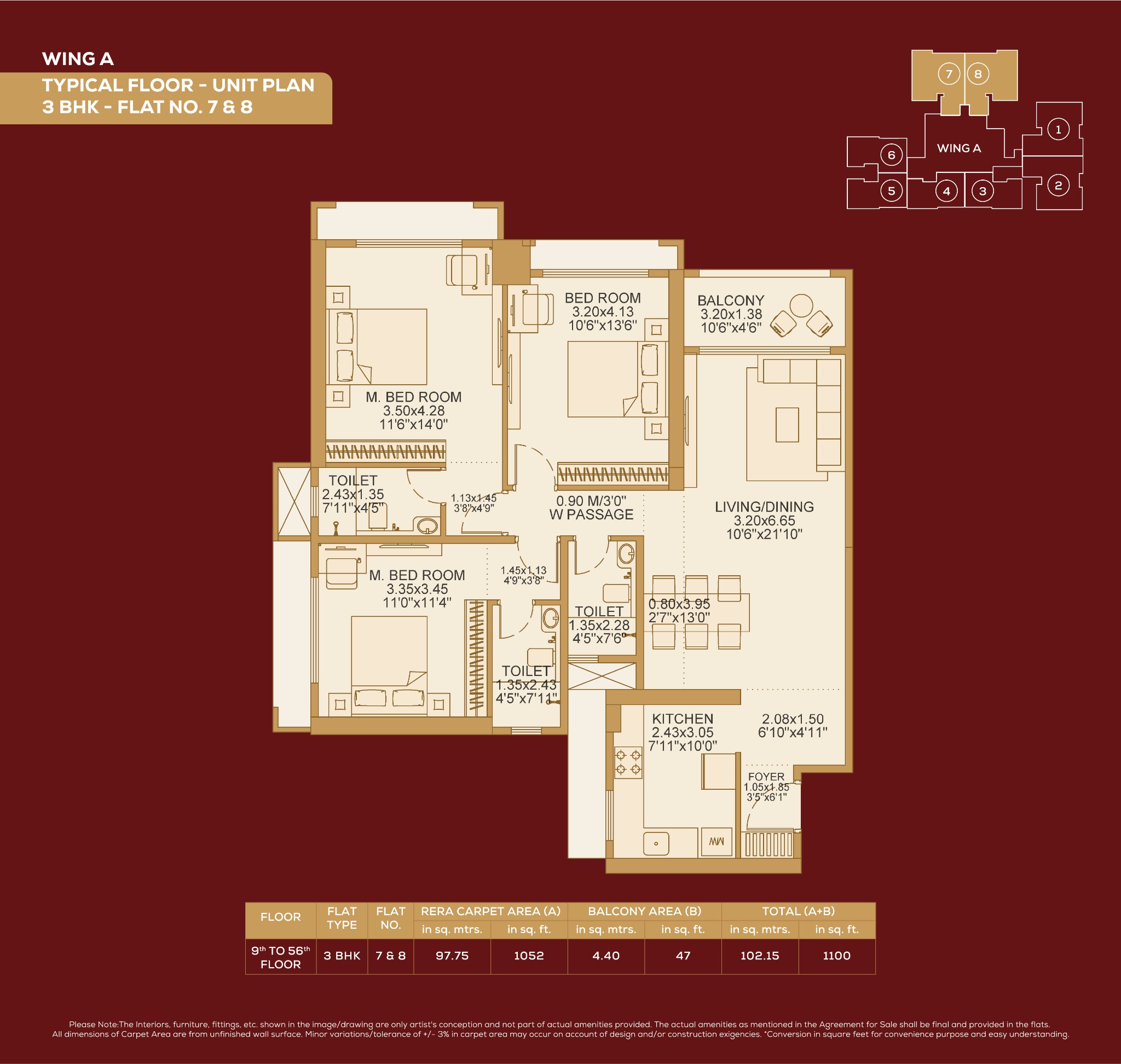 3 BHK — 1,100 sq. ft.
